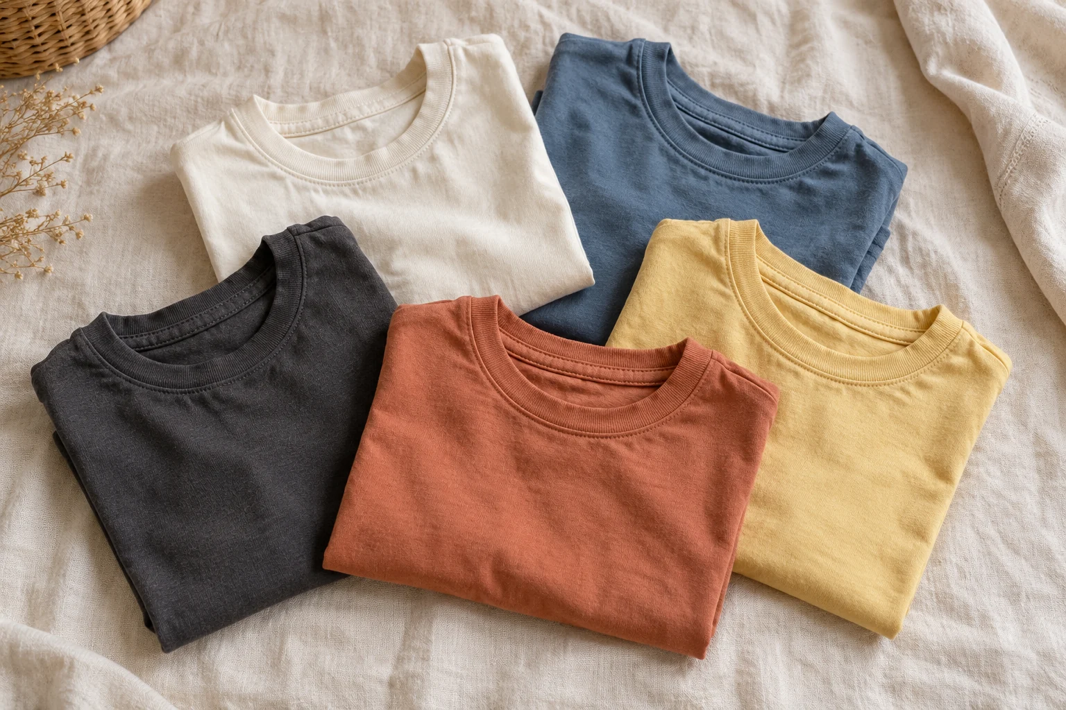 Lima kaos anak terlipat dengan warna yang berbeda