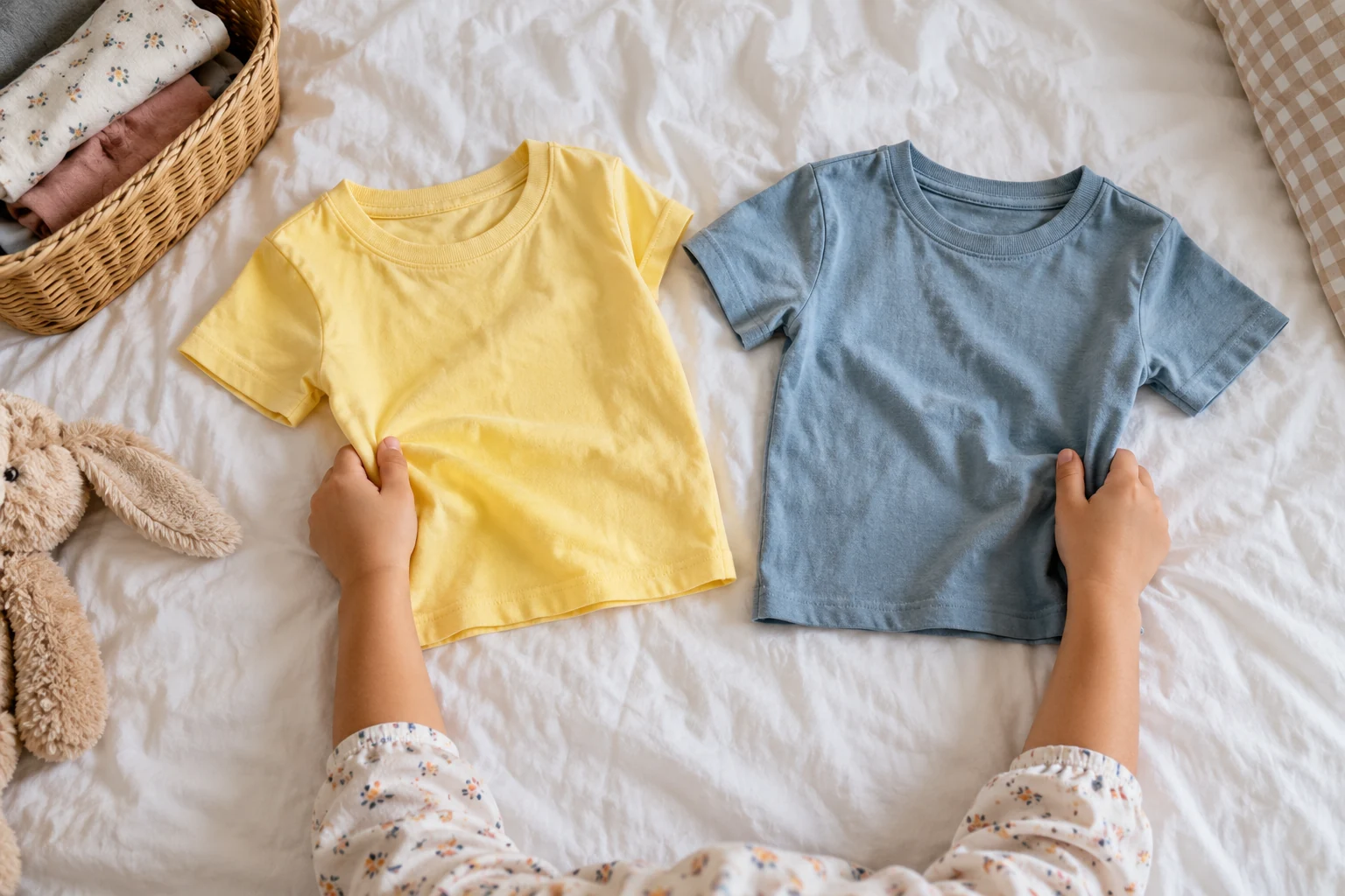 Tangan anak memilih antara dua kaos dengan warna berbeda