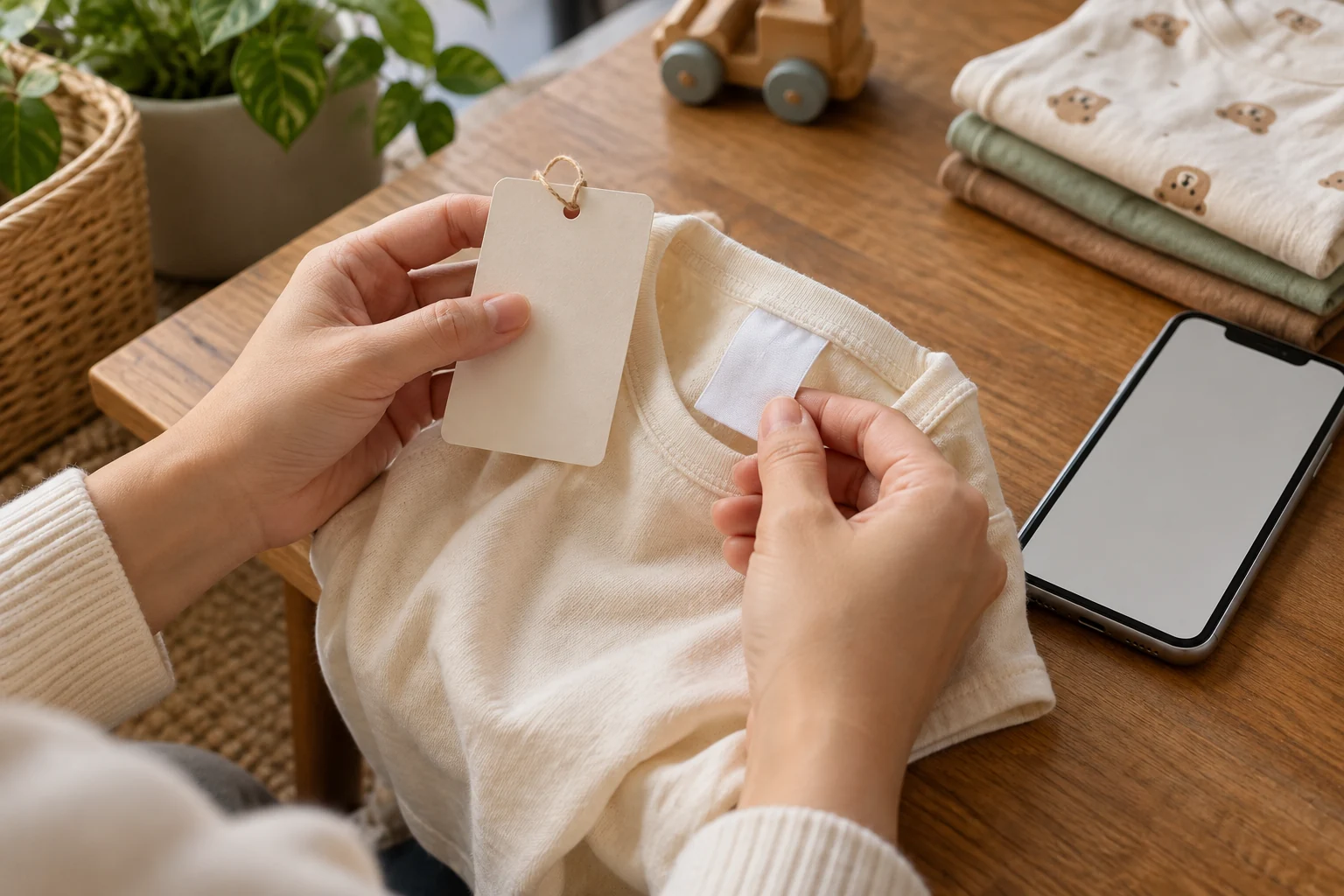 Label bahan pakaian dan telepon tanpa teks sertifikasi
