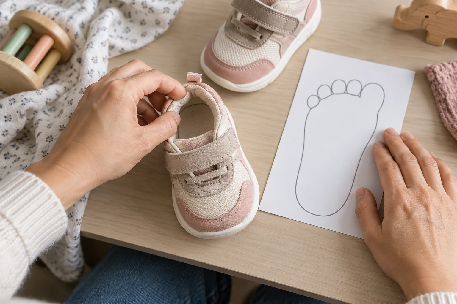 Tangan orang dewasa memeriksa sepasang sepatu anak