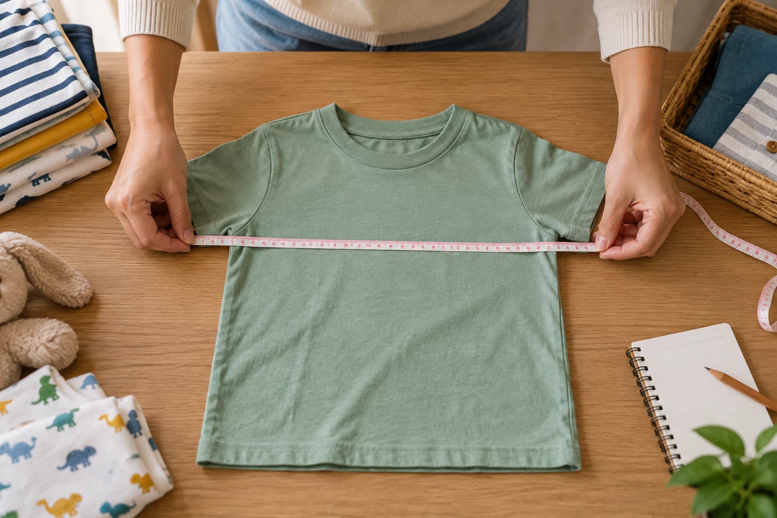 Tangan mengukur lebar kaos anak memakai pita ukur