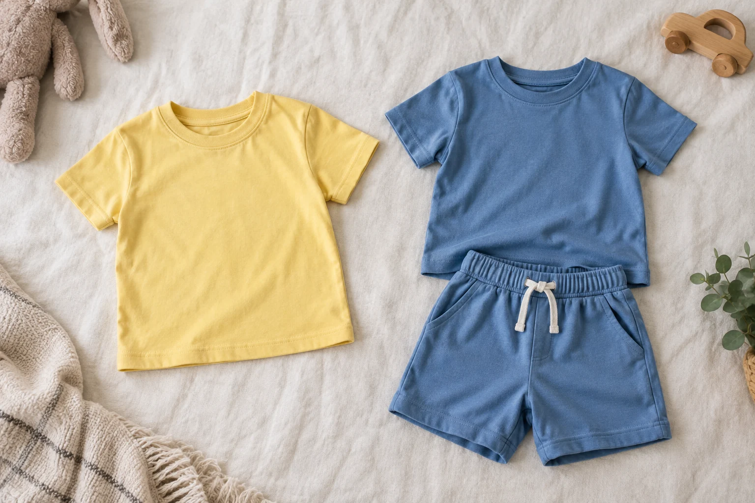 Satu kaos kuning dibandingkan dengan setelan kaos dan celana biru