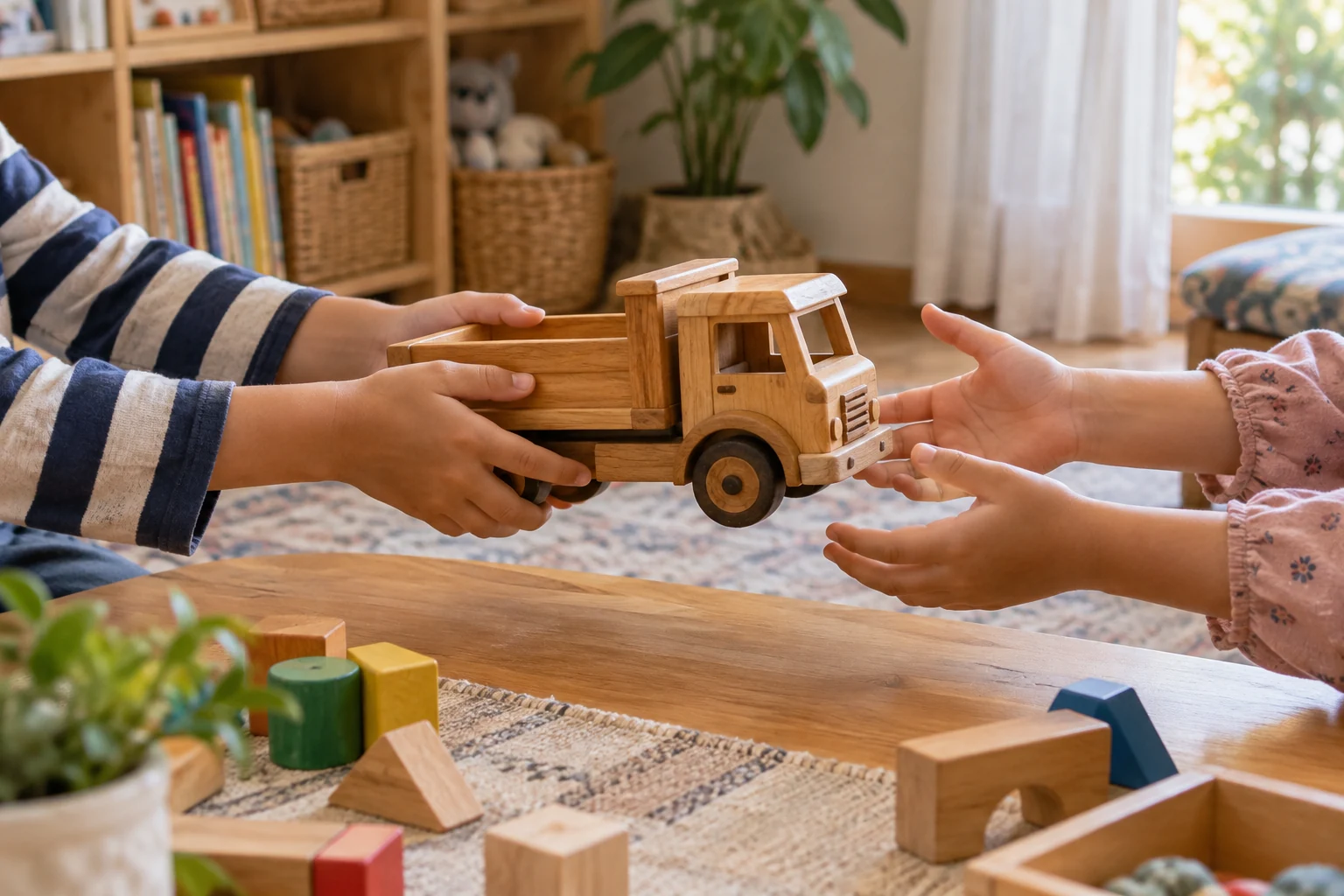 Dua pasang tangan anak menawarkan dan menerima truk mainan kayu