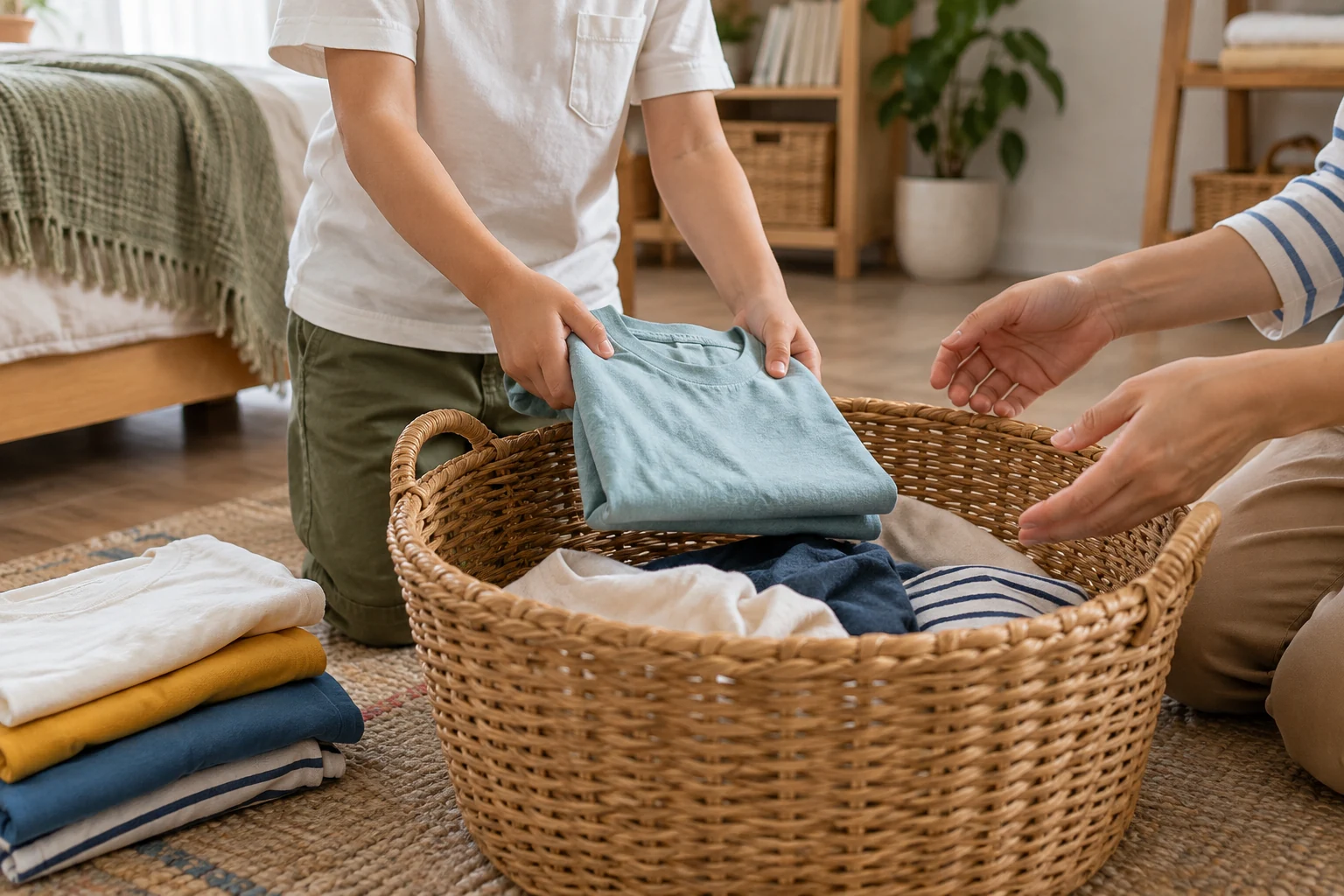 Tangan anak menaruh kaos di keranjang pakaian dengan bantuan orang dewasa