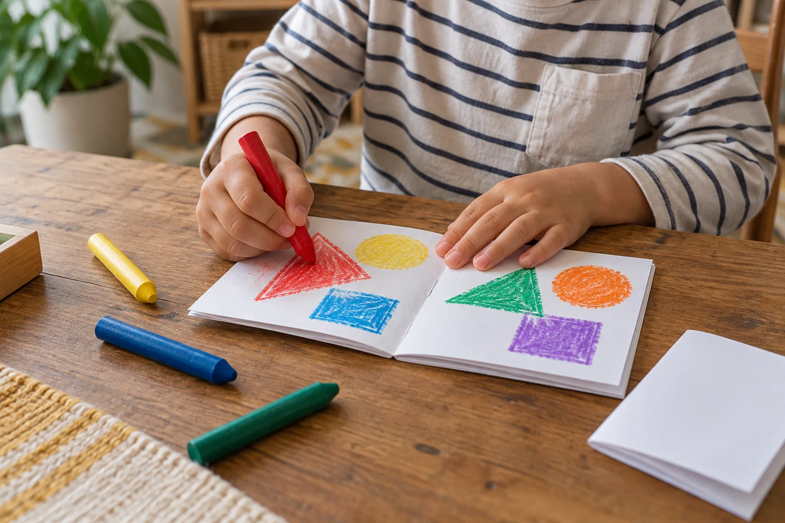 Tangan anak menggambar bentuk berwarna dalam buku kertas lipat