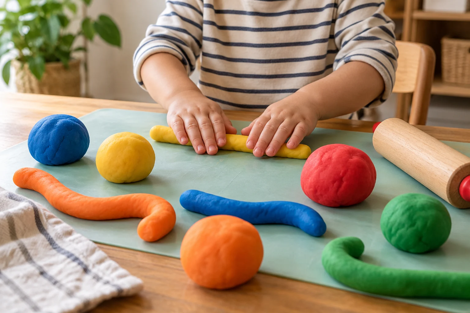 Tangan anak membentuk bola dan gulungan playdough di atas alas