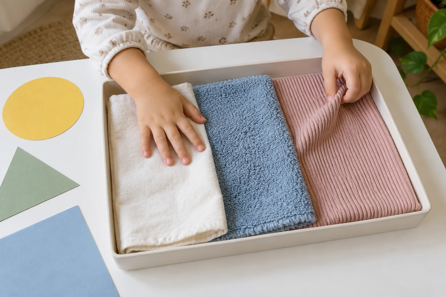 Tangan anak merasakan tekstur kain katun