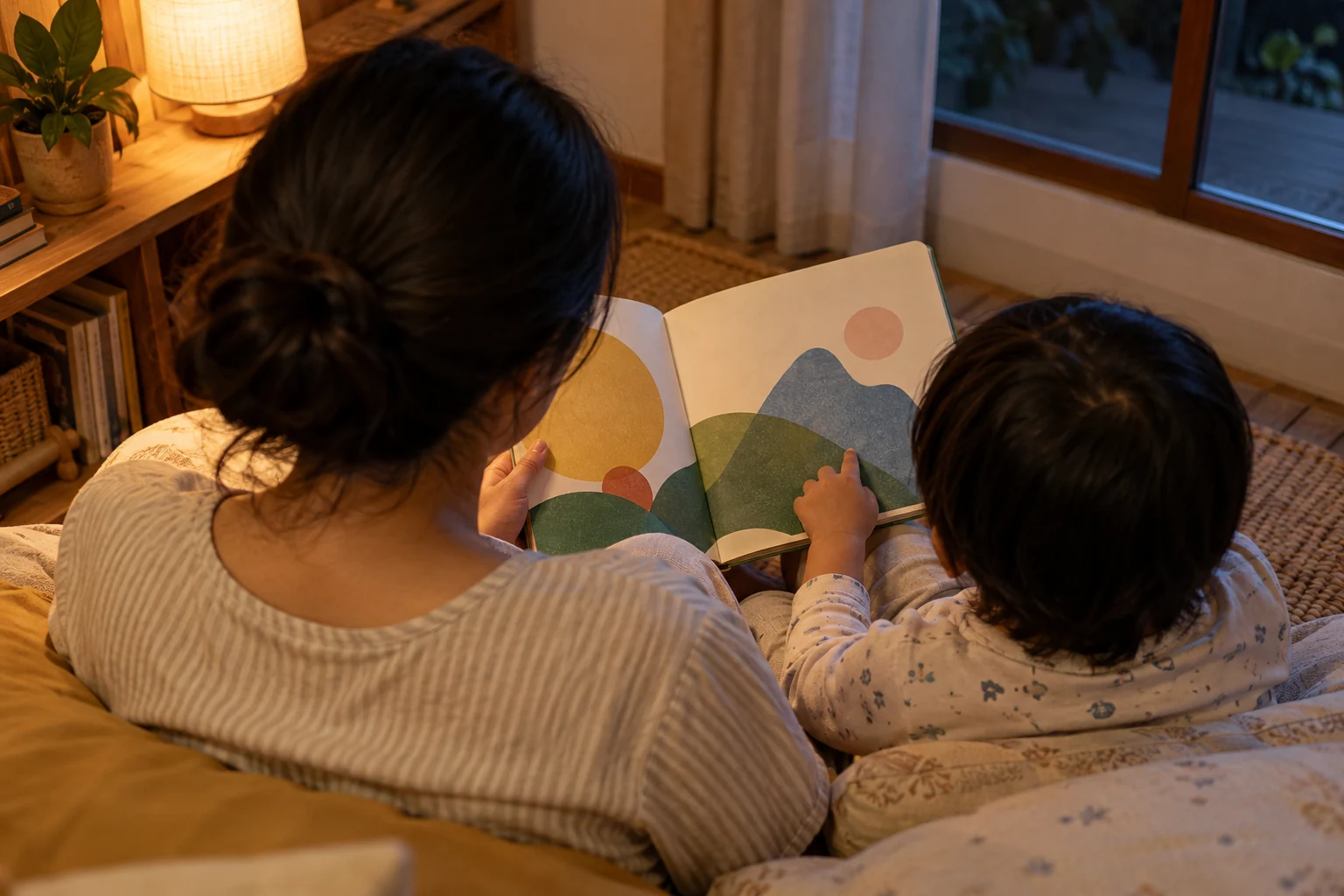 Ibu dan anak membaca buku bersama, dilihat dari belakang tanpa wajah