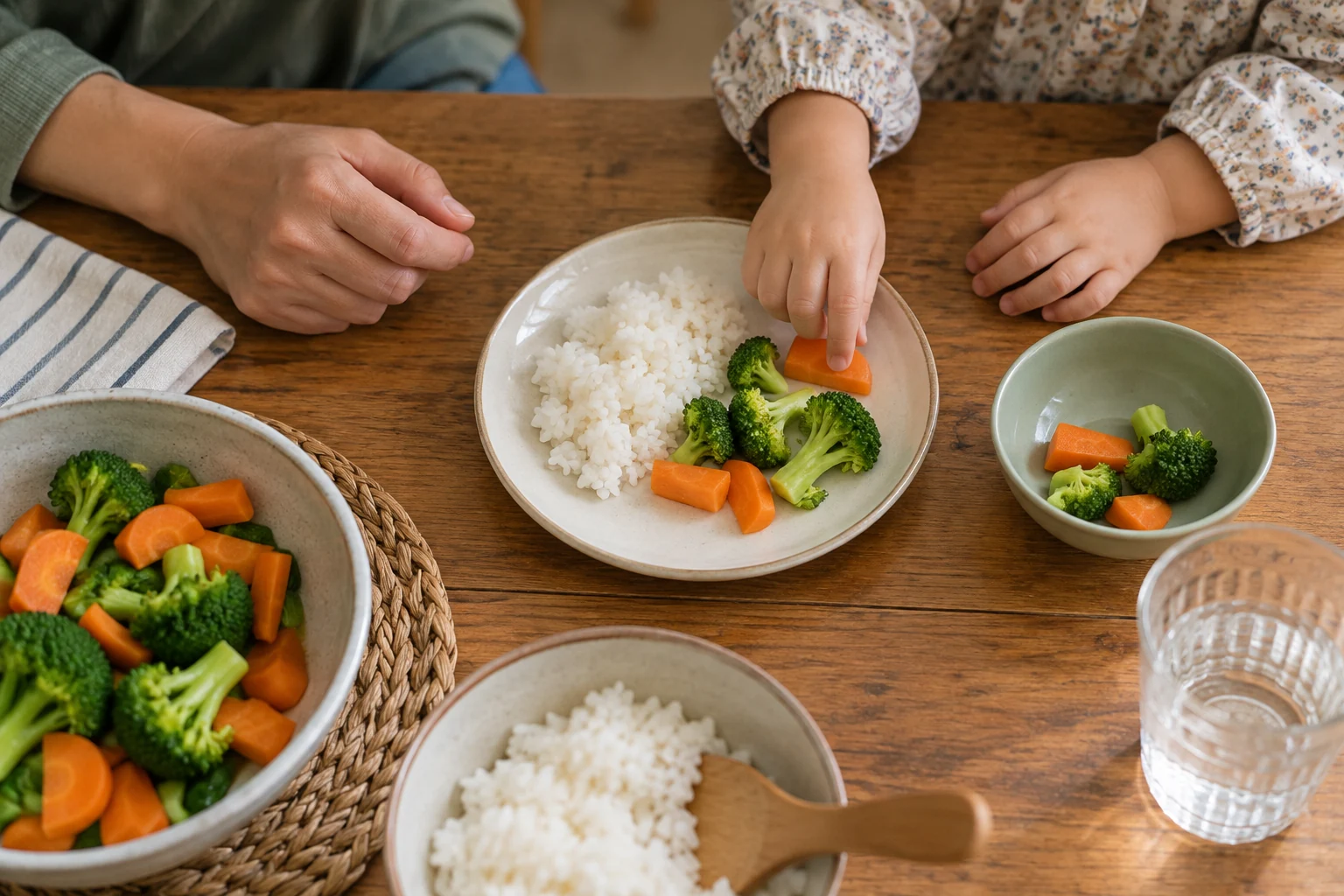 Tangan anak dan orang dewasa di dekat porsi makan dengan sayuran