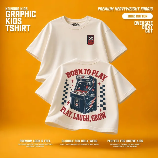 Kaos putih Kainora Kids motif Born to Play, potongan oversize boxy