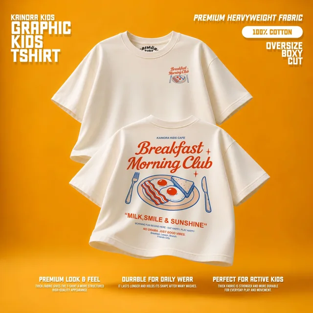 Kaos putih Kainora Kids motif Breakfast Morning Club, potongan oversize boxy