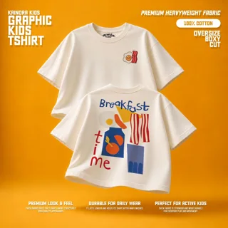 Kaos putih Kainora Kids motif Breakfast Time, potongan oversize boxy