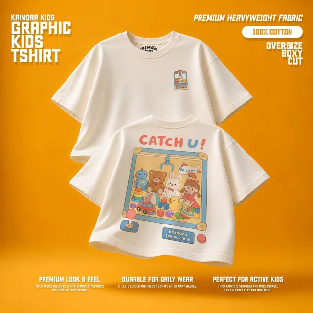 Kaos putih Kainora Kids motif Catch U, potongan oversize boxy