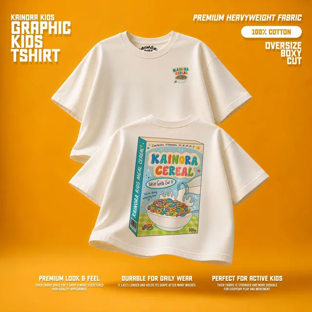 Kaos putih Kainora Kids motif Cereal Kai, potongan oversize boxy