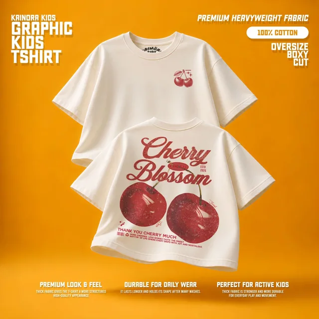Kaos putih Kainora Kids motif Cherry Blossom, potongan oversize boxy