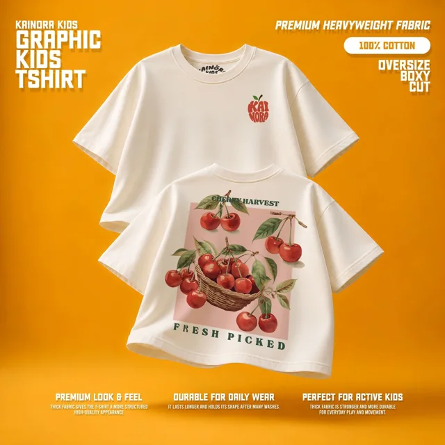 Kaos putih Kainora Kids motif Cherry Harvest, potongan oversize boxy