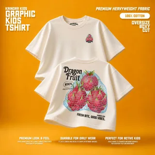 Kaos putih Kainora Kids motif Dragon Fruit, potongan oversize boxy