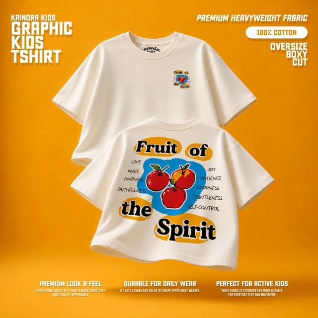 Kaos putih Kainora Kids motif Fruit of the Spirit, potongan oversize boxy