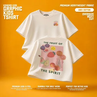 Kaos putih Kainora Kids motif Fruit Spirit, potongan oversize boxy