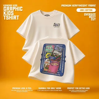 Kaos putih Kainora Kids motif Kai Market, potongan oversize boxy