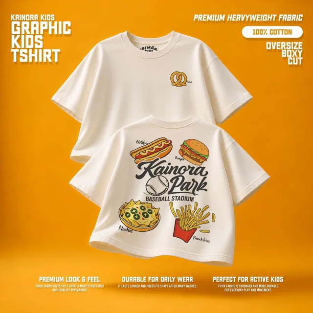 Kaos putih Kainora Kids motif Kainora Park, potongan oversize boxy