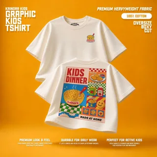 Kaos putih Kainora Kids motif Kids Dinner, potongan oversize boxy