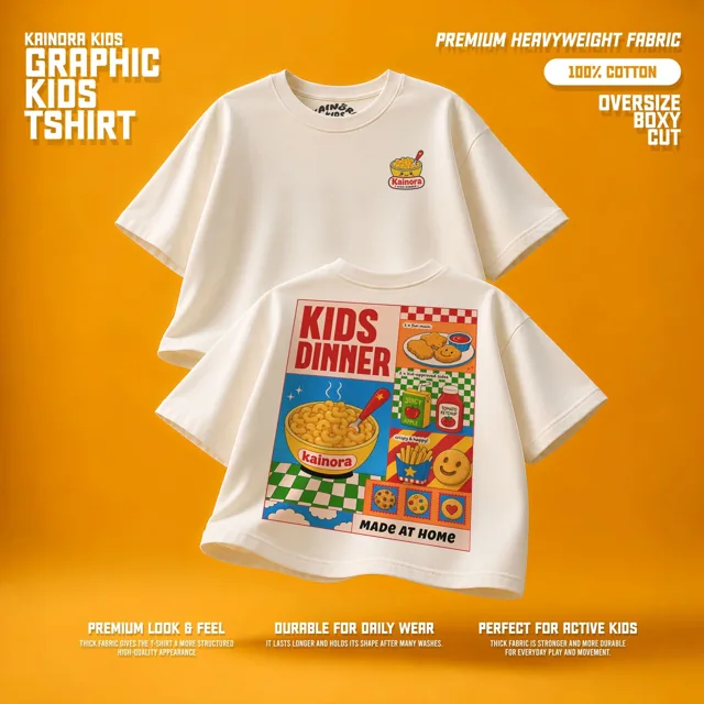 Kaos putih Kainora Kids motif Kids Dinner, potongan oversize boxy