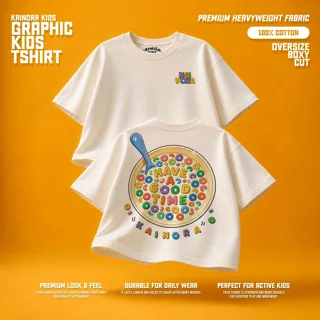 Kaos putih Kainora Kids motif Mangkok, potongan oversize boxy