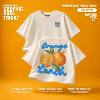 Kaos putih Kainora Kids motif Orange Lunch, potongan oversize boxy