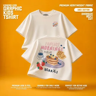 Kaos putih Kainora Kids motif Pancake Morning, potongan oversize boxy