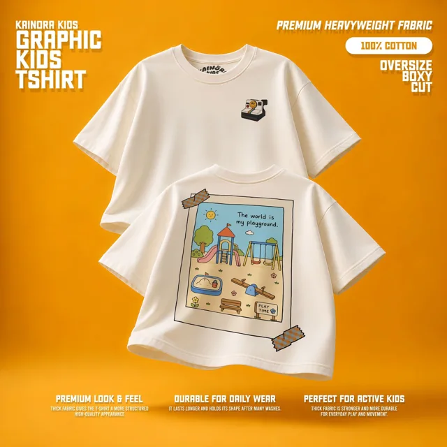 Kaos putih Kainora Kids motif Playground, potongan oversize boxy