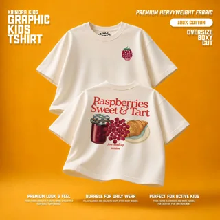 Kaos putih Kainora Kids motif Raspberry, potongan oversize boxy