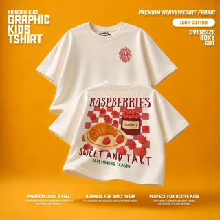 Kaos putih Kainora Kids motif Raspberry Tart, potongan oversize boxy