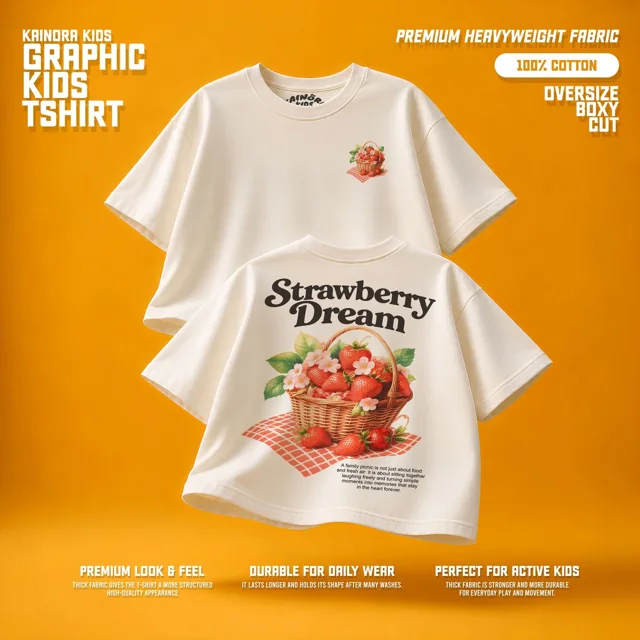 Kaos putih Kainora Kids motif Strawberry Dream, potongan oversize boxy