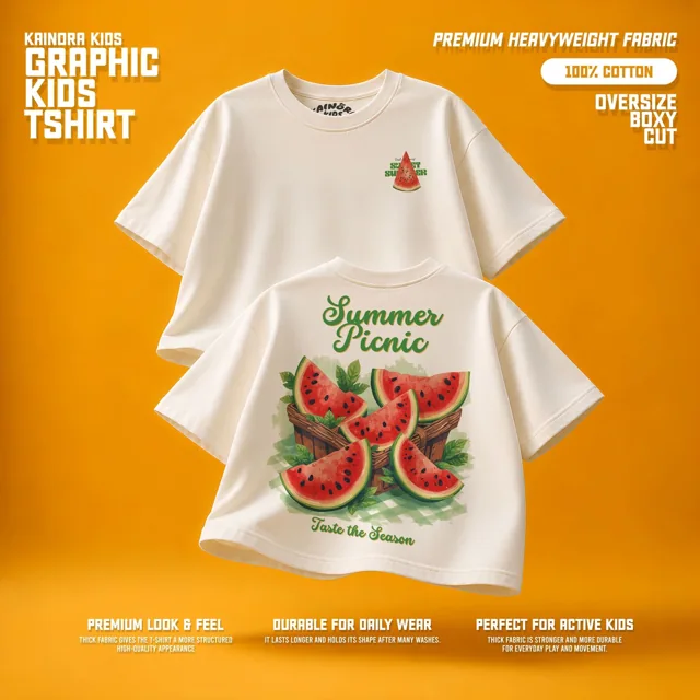 Kaos putih Kainora Kids motif Summer, potongan oversize boxy