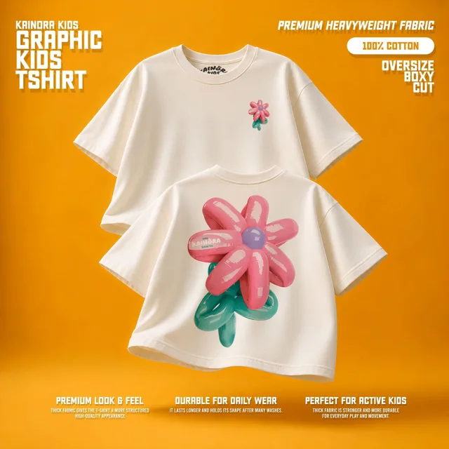 Kaos putih Kainora Kids motif Sun Balloon, potongan oversize boxy