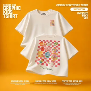Kaos putih Kainora Kids motif The Picnic, potongan oversize boxy